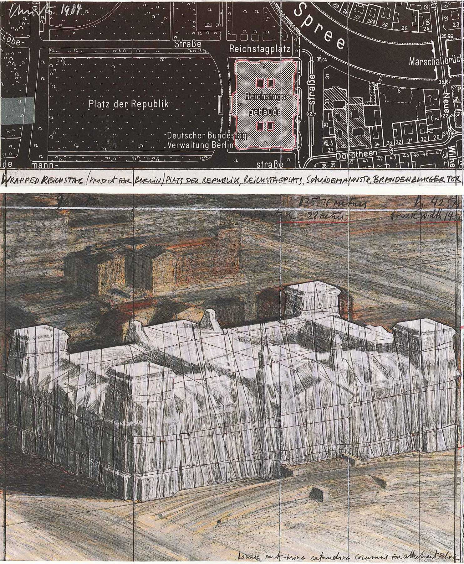 Wrapped Reichstag, Project for Berlin, Collage in two (2) parts, 11" x 28" and 22" x 28", Christo & Jeanne-Claude, 1984