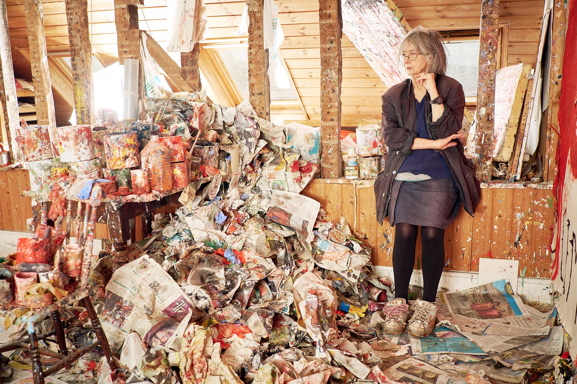 Portrait of Rose Wylie in her Kent studio taken in 2018 by photographer Joe McGorty.