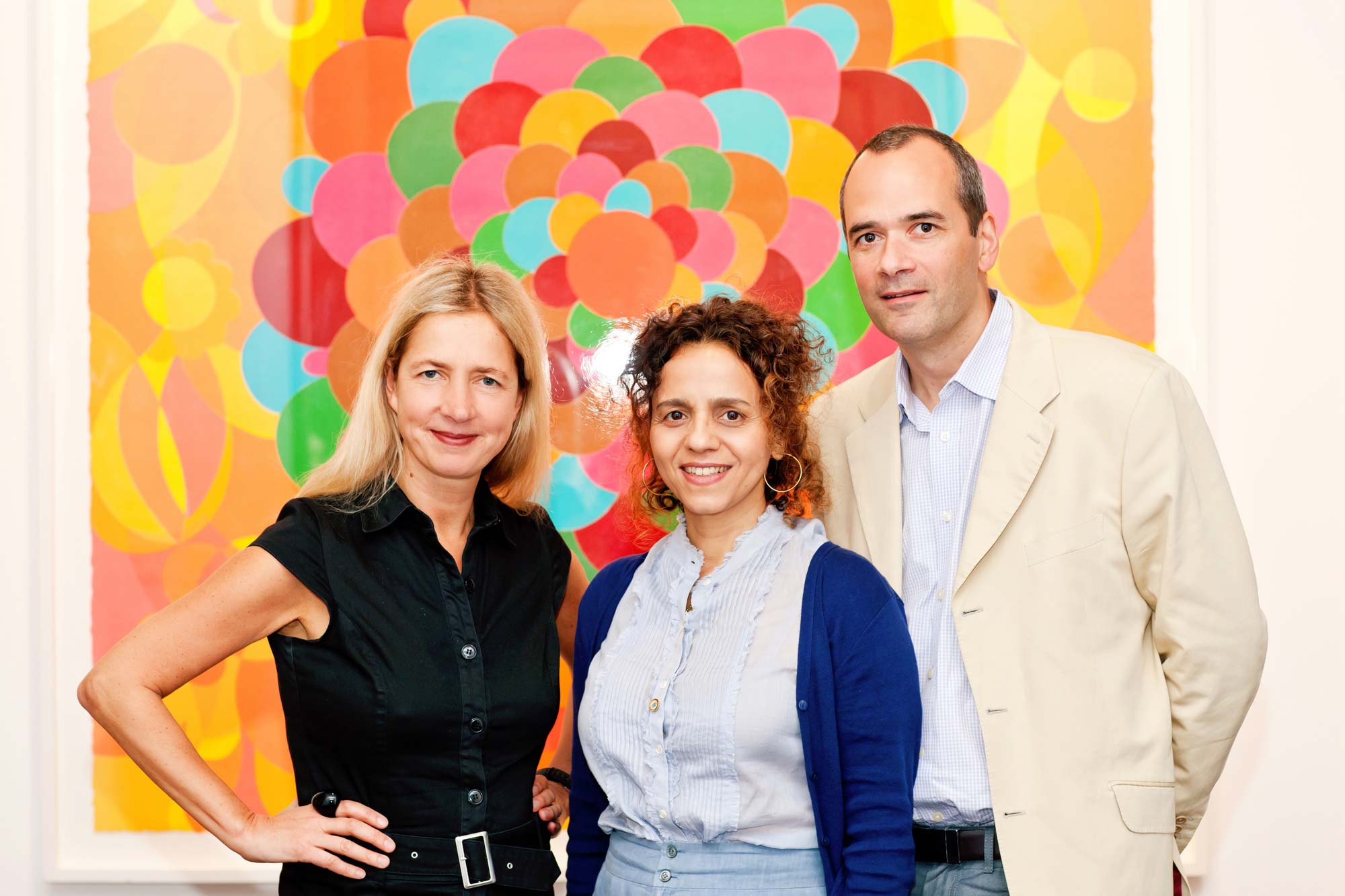 Iwona Blazwick OBE, Director of London’s Whitechapel Gallery, artist Beatriz Milhazes and Jean-Paul Russell, Co-owner of Durham Press at the installation of Screenprints 1996 – 2011.